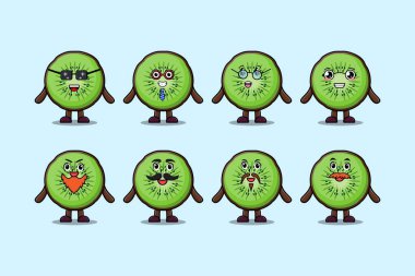 Kawaii Kiwi meyve çizgi film karakterini farklı ifadelerle çizgi film yüz çizimleri ile ayarla