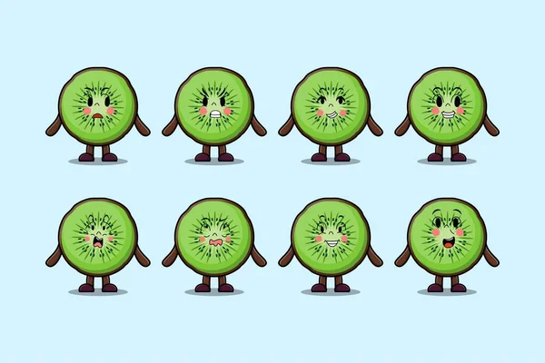 Stel Kawaii Kiwi Fruit Cartoon Karakter Met Verschillende Uitdrukkingen Cartoon — Stockvector