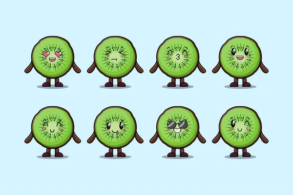 Set Kawaii Kiwi Fruta Personaje Dibujos Animados Con Diferentes Expresiones — Vector de stock