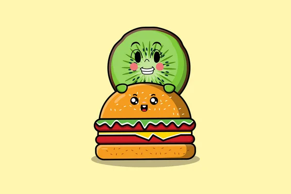 stock vector Cute Kiwi fruit cartoon character hiding in burger illustration in flat modern design