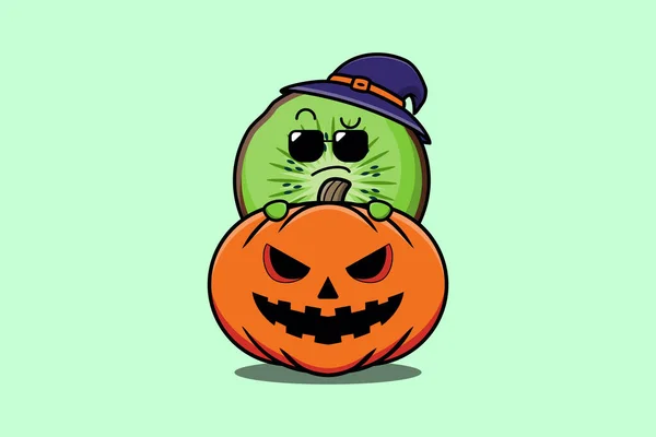 Söt Kiwi Frukt Tecknad Karaktär Gömmer Sig Pumpa Halloween Illustration — Stock vektor