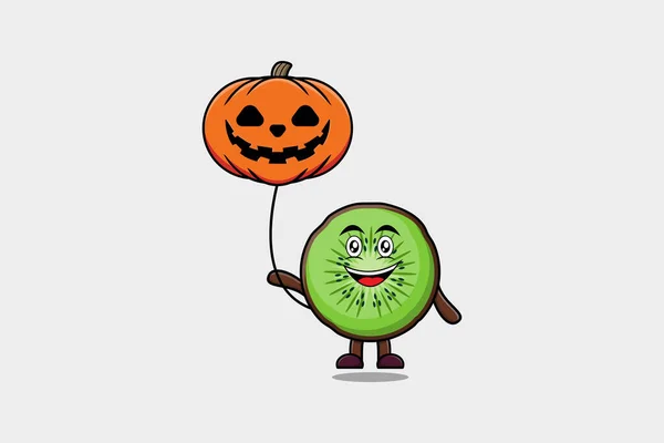 Mignon Dessin Animé Kiwi Fruit Flottant Avec Ballon Halloween Citrouille — Image vectorielle