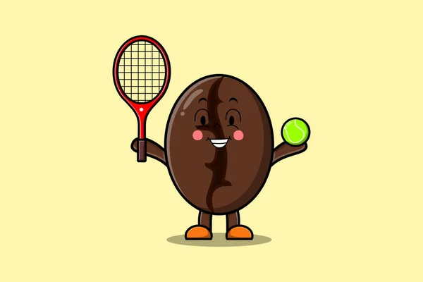 Mignon Personnage Grains Café Dessin Animé Terrain Tennis Plat Illustration — Image vectorielle
