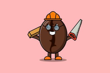 Şirin bir çizgi film. Marangoz karakteri olarak kahve çekirdekleri. Düz modern tarzda testereyle ahşap.