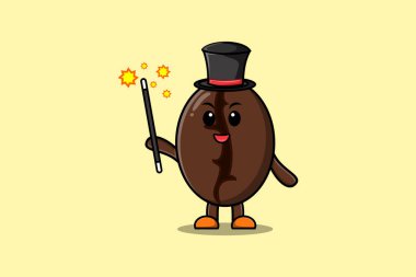 Muhteşem, zeki, çizgi film sihirbazı. Düz çizgi film tarzında kahve çekirdeği tasarımı.