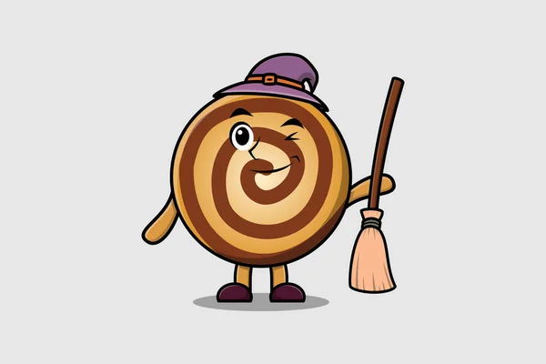 Mignon Dessin Animé Forme Sorcière Cookies Personnage Avec Chapeau Balai — Image vectorielle