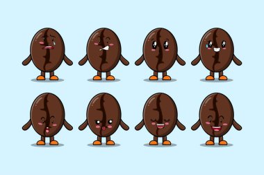 Kawaii Kahve çekirdekleri çizgi film karakteri farklı ifadelerle çizilmiş vektör çizimleri