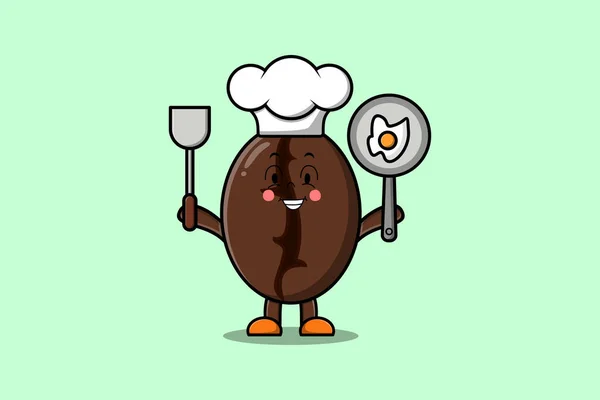 Cute Cartoon Coffee Beans Chef Character Holding Pan Spatula Flat — Stock Vector