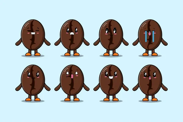 Set Kawaii Coffee Beans Cartoon Character Different Expressions Cartoon Vector — Stock Vector