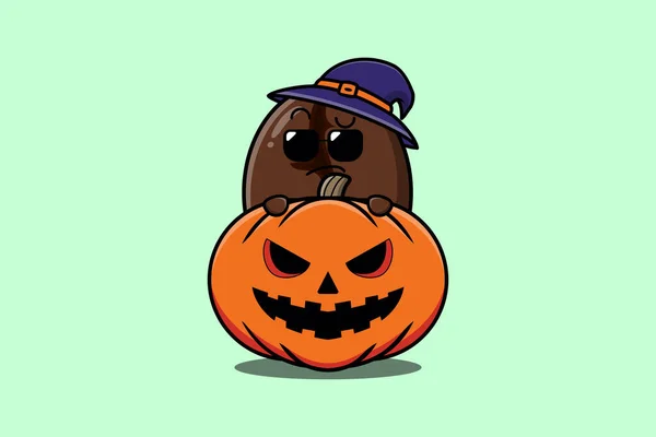 Mignon Personnage Dessin Animé Grains Café Cachés Dans Citrouille Halloween — Image vectorielle