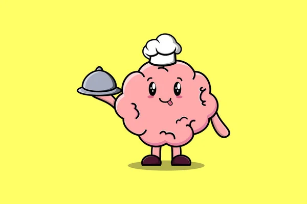 Cute Cartoon Chef Brain Maskot Karakter Melayani Makanan Nampan Lucu - Stok Vektor