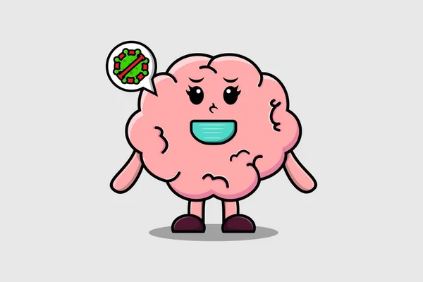 Ilustrasi Kartun Lucu Otak Menggunakan Topeng Untuk Mencegah Virus Dalam - Stok Vektor