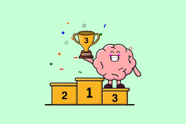 Cute Cartoon Brain Character Third Winner Happy Expression Modern Illustration — Stock Vector