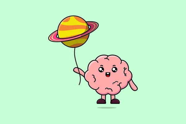 Cute Kartun Otak Mengambang Dengan Planet Balon Gambar Kartun Vektor - Stok Vektor