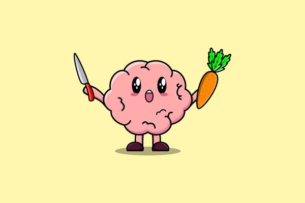 Cute Cartoon Brain Character Holding Knife Carrot Modern Style Design — Stock Vector