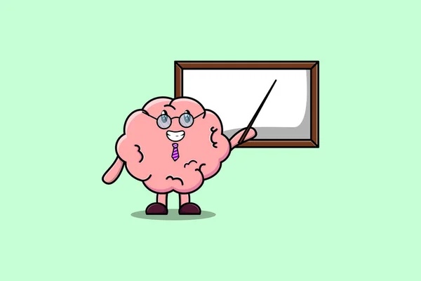 Netter Cartoon Brain Lehrer Charakter Unterricht Mit Whiteboard Flachen Cartoon — Stockvektor