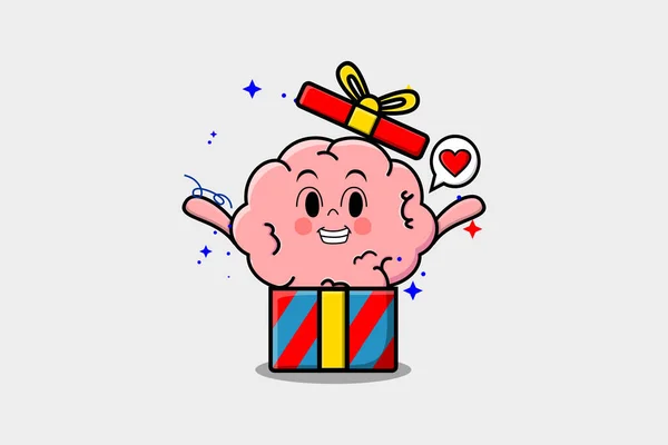 かわいい漫画大きなギフトボックスから出てくる脳の文字はとても幸せなフラット漫画スタイルに見えます — ストックベクタ