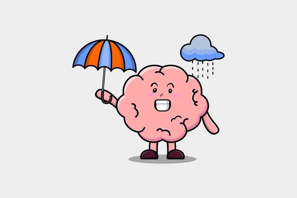Cute Cartoon Brain Character Rain Using Umbrella Flat Modern Style — Stock Vector
