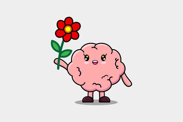 Cute Kartun Karakter Otak Memegang Bunga Merah Dalam Konsep Gaya - Stok Vektor