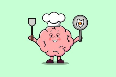 Tatlı çizgi film Beyin Şefi karakteri tava ve spatulayı düz çizgi film stili resimde tutuyor.