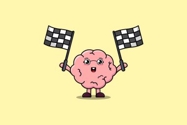 Damalı yarış bayrağını elinde tutan şirin beyin çizgi film karakteri tasviri