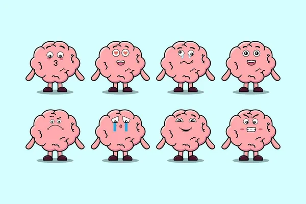 Set Kawaii Brain Cartoon Character Different Expressions Cartoon Face Vector — Stock Vector