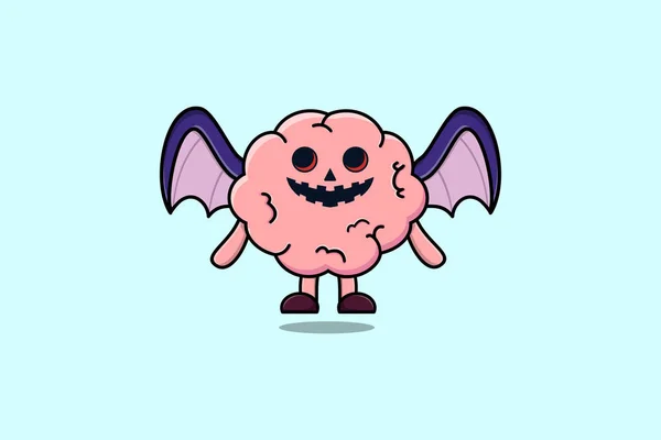 Cute Mascot Cartoon Brain Character Scary Bats Pumpkin Halloween Illustration — Stock Vector