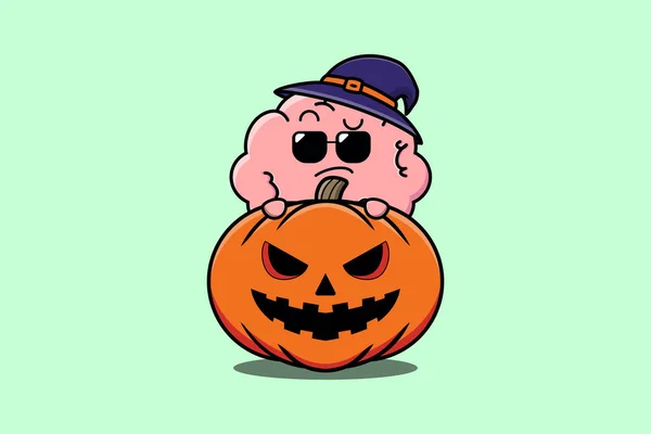 Mignon Personnage Dessin Animé Cerveau Caché Dans Citrouille Halloween Illustration — Image vectorielle