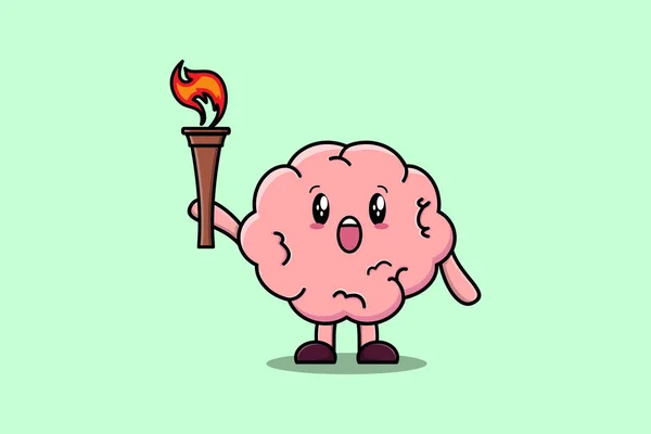 Ilustração Personagem Desenho Animado Bonito Cérebro Segurando Fogo Tocha Design — Vetor de Stock