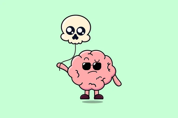 Cute Cartoon Brain Floating Skull Balloon Flat Cartoon Vector Icon — Stock Vector