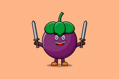 Üç boyutlu modern tasarım resimlerinde iki kılıç tutan sevimli Mangosteen karakteri.