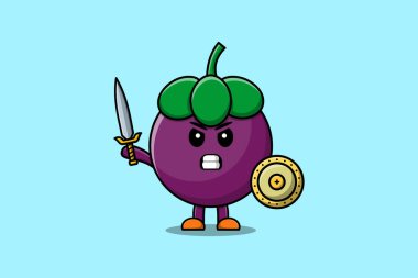 Modern tarzda kılıç ve kalkan tutan sevimli çizgi film karakteri Mangosteen