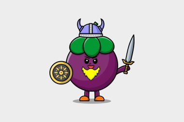 Sevimli çizgi film karakteri Mangosteen Viking korsanı şapkalı ve elinde kılıç ve kalkan çizimi olan