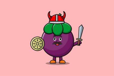 Sevimli çizgi film karakteri Mangosteen Viking korsanı şapkalı ve elinde kılıç ve kalkan çizimi olan