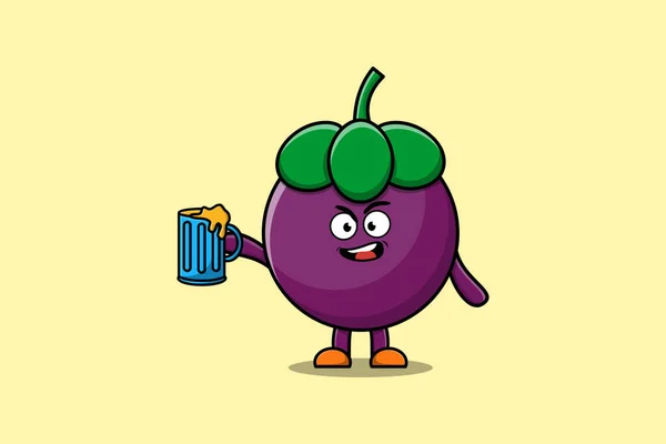Bonito Mangostão Personagem Mascote Desenho Animado Com Copo Cerveja Bonito — Vetor de Stock