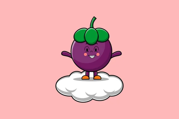 Cute Cartoon Mangosteen Character Standing Cloud Vector Illustration — Stock Vector