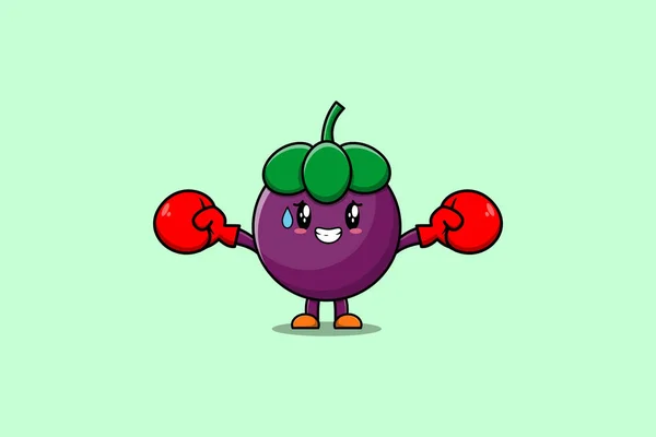 Bonito Mangostão Mascote Desenho Animado Jogando Esporte Com Luvas Boxe — Vetor de Stock