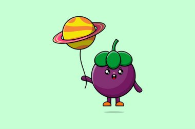 Mangosteen çizgi filmi, balon gezegen vektör illüstrasyonuyla yüzüyor.