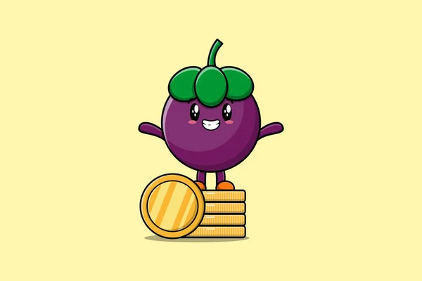 Cute Cartoon Mangosteen Character Standing Stacked Gold Coin Vector Illustration — Stock Vector