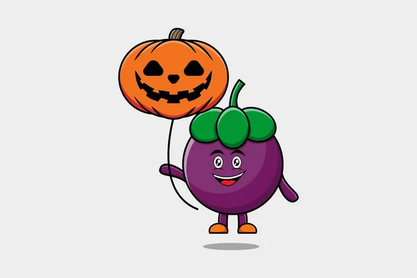 Mignon Dessin Animé Mangoustan Flottant Avec Ballon Halloween Citrouille Dessin — Image vectorielle