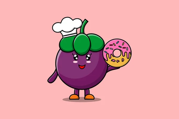 Bonito Desenho Animado Mangosteen Chef Personagem Donuts Desenho Animado Plano — Vetor de Stock