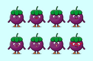 Kawaii Mangosteen çizgi film karakterini farklı ifadelerle çizgi film yüz çizimleri ile ayarla