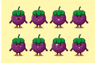 Kawaii Mangosteen çizgi film karakterini farklı ifadelerle çizgi film yüz çizimleri ile ayarla