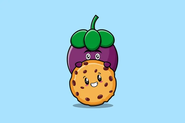 Mignon Personnage Dessin Animé Mangoustan Caché Dans Des Biscuits Illustration — Image vectorielle