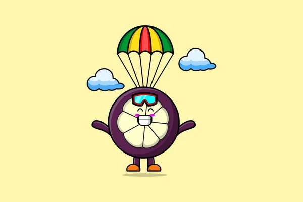 stock vector Cute mascot cartoon Mangosteen is skydiving with parachute and happy gesture illustration