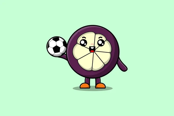 フラット漫画スタイルのイラストでサッカーをプレイかわいい漫画マンゴスチン文字 — ストックベクタ
