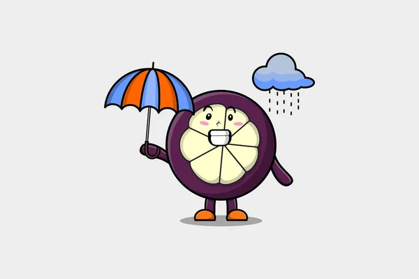 Netter Cartoon Mangosteen Charakter Regen Und Mit Einem Regenschirm Flachen — Stockvektor