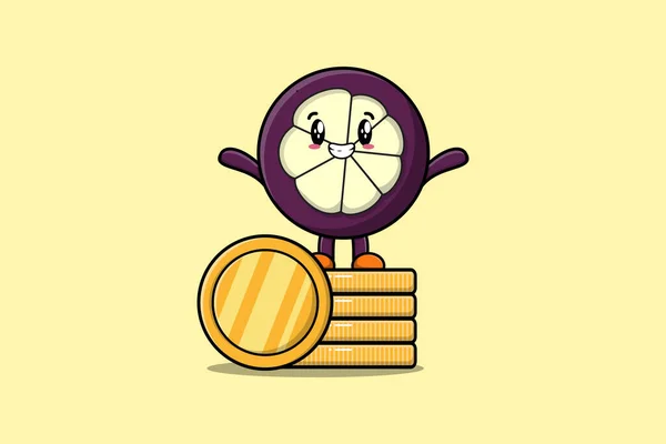 Cute Cartoon Mangosteen Character Standing Stacked Gold Coin Vector Illustration — Stock Vector