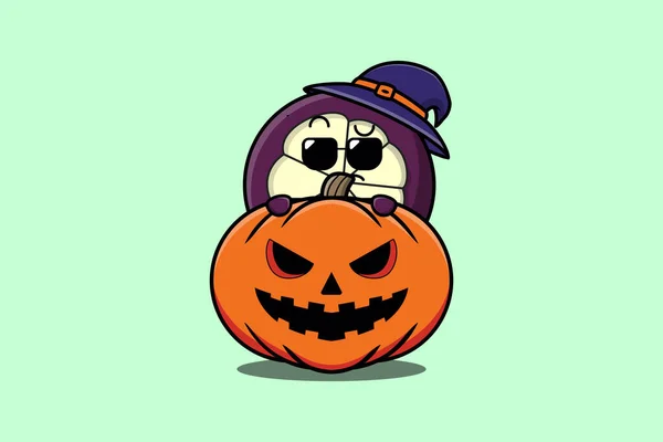 Cute Mangosteen Cartoon Character Hiding Pumpkin Halloween Illustration Flat Modern — Stock Vector