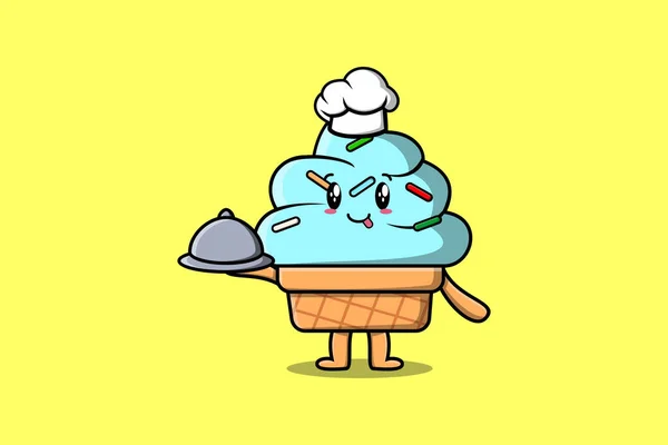 Cute Cartoon Chef Ice Cream Mascot Character Serving Food Tray — Stock Vector